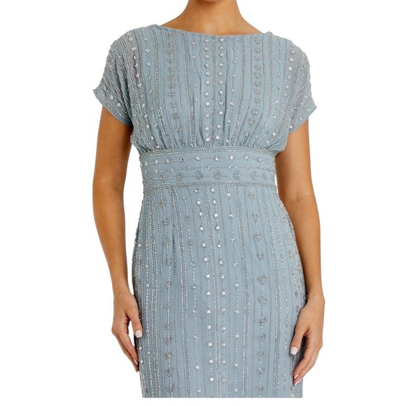 Mac Duggal 93649 Blue Beaded Cap Sleeve Empire Waist Midi Dress Size 6 $498 - Picture 6 of 8